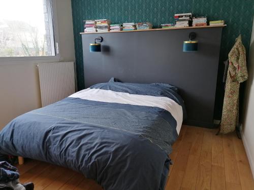 1 cama en un dormitorio con una pared verde en VANNES au calme Quartier Port en Vannes