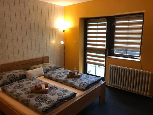 מיטה או מיטות בחדר ב-Pension Aura Špičák, některé pokoje se saunou