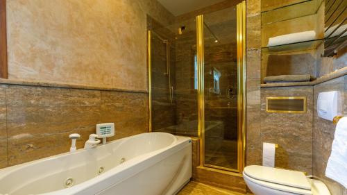 a bathroom with a tub and a shower and a toilet at Villa California 6, Emma Villas in Saludecio