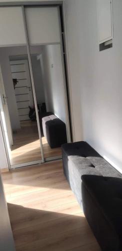 Butas miesto centre/ Apartment in the city center في شياولياي: غرفة بها مرآة وأريكة وسرير