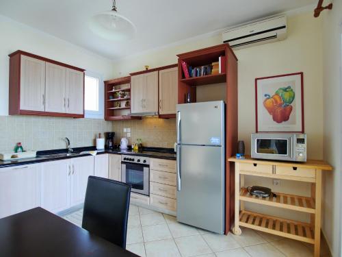 a kitchen with a stainless steel refrigerator and a microwave at Villa Seagull in Skala Kefalonias