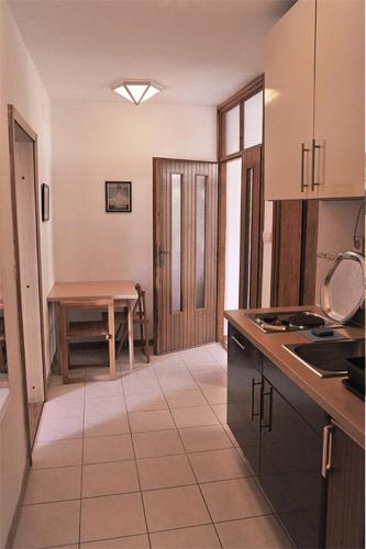 a kitchen with a counter and a table in it at Vila Mila in Petrovac na Moru