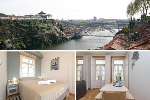 ポルトにあるFontainhas River Residenceの川の景色を望むホテルルームの写真2枚