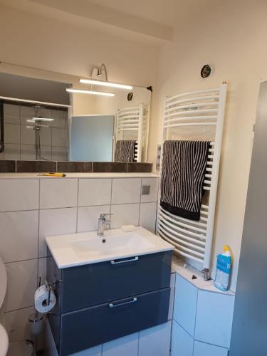 a bathroom with a blue sink and a mirror at Zelfies Kunstapartment. in Nonnweiler