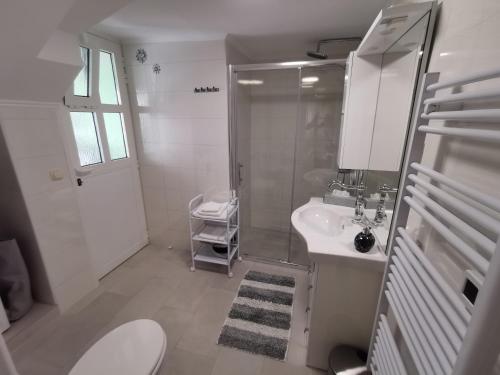 a bathroom with a toilet and a sink and a shower at House Green Point in Grižane