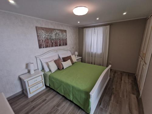 a bedroom with a bed with a green bedspread at House Green Point in Grižane