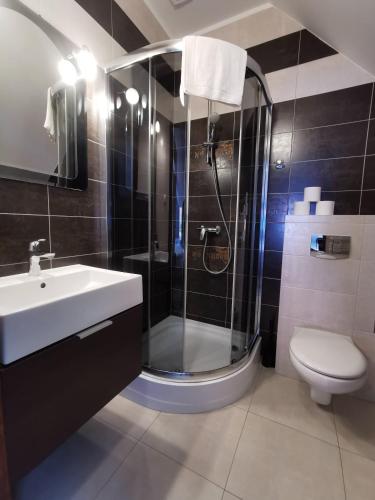 a bathroom with a shower and a sink and a toilet at POD DEBEM Kompleks Zeglarsko-Rekreacyjny in Ruciane-Nida