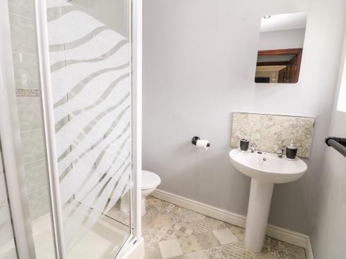 a bathroom with a shower and a sink at Ashford Cottage in Bakewell