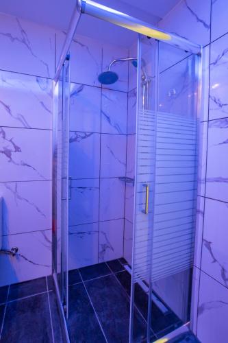 a shower with a glass door in a bathroom at Lilis Apartment 3 in Karpathos