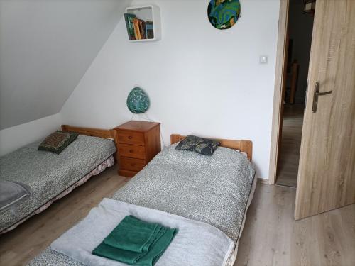 1 Schlafzimmer mit 2 Betten und einer Kommode mit einem Spiegel in der Unterkunft Kalinówka - apartament w domu nad Narwią in Wizna