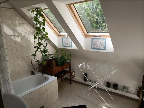 La salle de bains est pourvue d'une baignoire et d'une fenêtre. dans l'établissement Kalinówka - apartament w domu nad Narwią, à Wizna