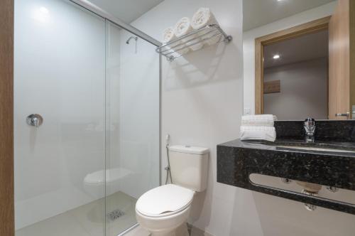 a bathroom with a toilet and a sink and a shower at Hotel Laghetto Fratello in Gramado