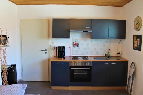 uma cozinha com armários azuis e um forno com placa de fogão em Lro em Stäbelow