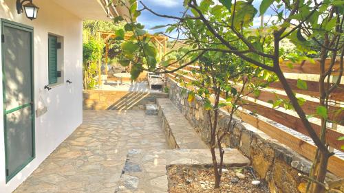 a stone walkway next to a house with a tree at Haroupia The Residence in Kalidhón