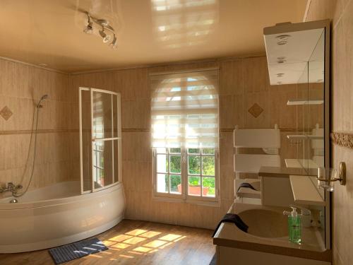 a bathroom with a tub and a sink and a window at Le Havre de Braye in Braye-en-Laonnois