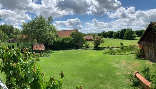 a large green yard with a barn and trees at Landhaus Tipp in Altenmedingen