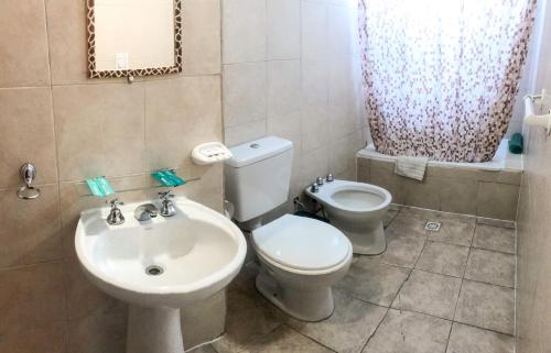 a bathroom with a white toilet and a sink at Hotel Mustapic in Ushuaia