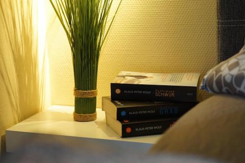 a stack of books sitting on a table with a vase at Dat Diekhus in Greetsiel