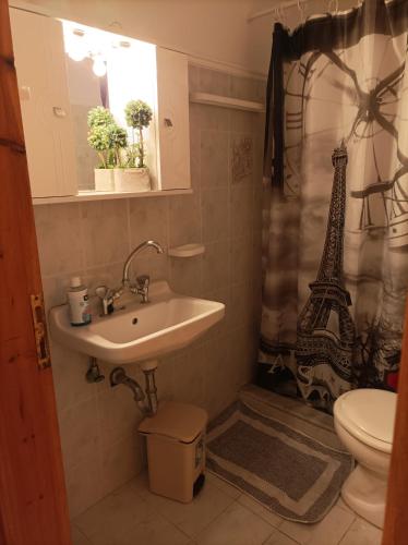 a bathroom with a sink and a eiffel tower shower curtain at Stella Studios in Lixouri