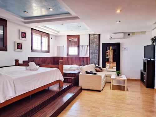 ein Schlafzimmer mit einem Bett, einer Couch und einem Fernseher in der Unterkunft Oasis de Cádiz in Conil de la Frontera