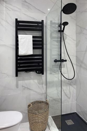 une salle de bain avec une douche avec des toilettes et un lavabo dans l'établissement Superbe studio Plage/ Promenade des Anglais 102, à Nice