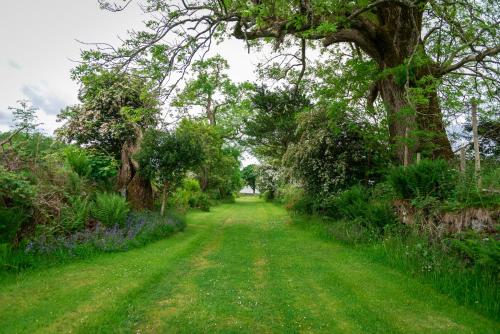 a path through a field with trees and grass at Coachmans Bothy - 50m from the beach in Port Appin
