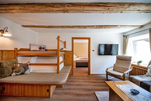 オルティゼーイにあるApartments Smidlの二段ベッド2台とソファが備わる客室です。