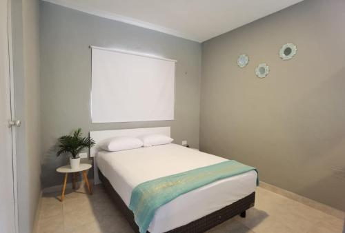 a small bedroom with a bed and a window at 8th Street Suites in Cozumel