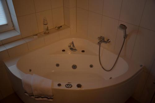 a bath tub with a shower in a bathroom at Kapitänskoje in Greetsiel