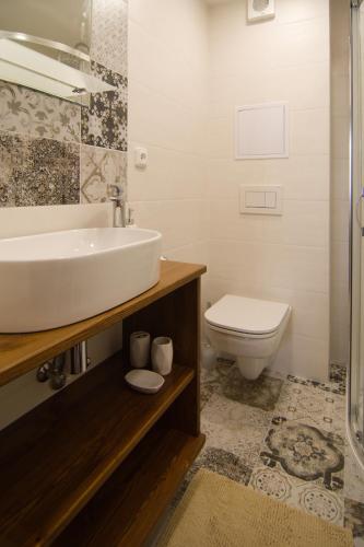 a bathroom with a sink and a toilet at Penzion Marcipánka in Třeboň