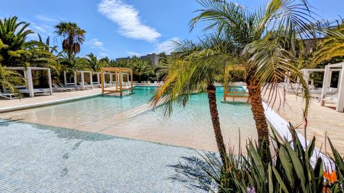 einen Pool mit einer Palme neben einem Strand in der Unterkunft The Palm Star Ibiza - Adults Only in Bucht von San Antonio