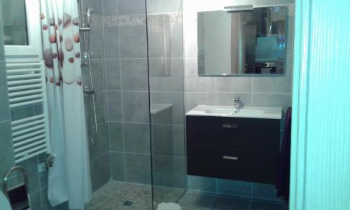 a bathroom with a shower and a sink and a mirror at Bella Vista 2A in Ajaccio