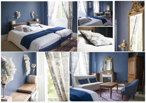 eine Collage mit Fotos eines Schlafzimmers mit blauen Wänden in der Unterkunft Hotel Du Parc in Sancoins