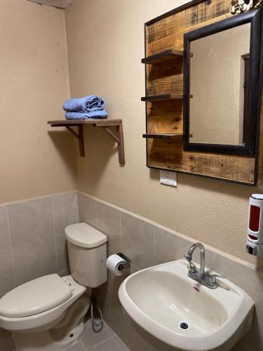 a bathroom with a toilet and a sink and a mirror at Hotel Casa Puerta Huasteca in Ciudad Valles