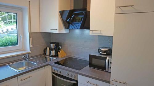 eine Küche mit einer Spüle und einer Mikrowelle in der Unterkunft Ferienwohnung Wunderschön in Würzburg