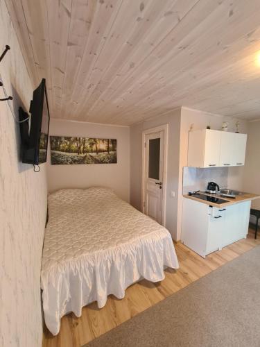 ein kleines Schlafzimmer mit einem Bett und einer Küche in der Unterkunft Kambarių nuoma Salantuose in Salantai