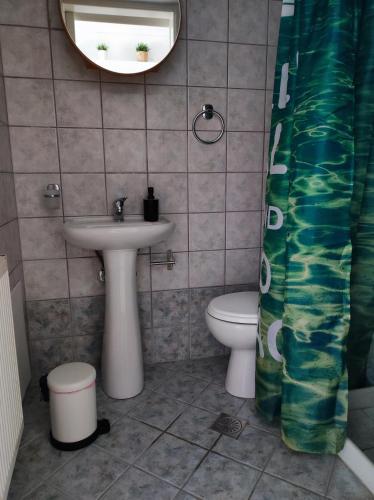 uma casa de banho com um lavatório, um WC e um espelho. em Blue Lagoon Studio 2 em Mesolongion