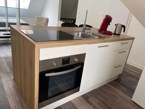 une cuisine avec un évier et une cuisinière dans l'établissement Le 33 le Haut, à Belfort