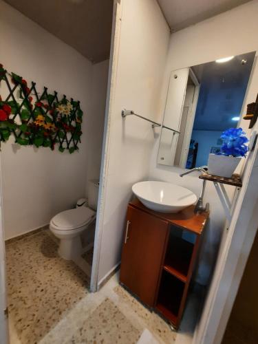 a bathroom with a sink and a toilet and a mirror at Hotel Recreacional Marcelandia Santa Rosa de Cabal in Santa Rosa de Cabal
