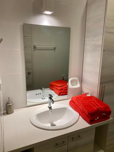 a bathroom with a sink and a mirror at Playa Azul Suites in Tonsupa