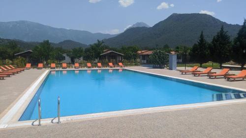 a swimming pool with chairs and mountains in the background at Enso Inn in Fethiye