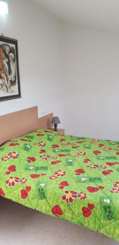 a bed with a green blanket with red flowers on it at Le Acacie rooms - ex B&B in Termoli