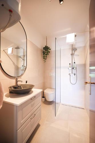 a bathroom with a sink and a shower at Old Road in Vir
