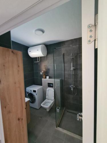 e bagno con doccia, servizi igienici e lavandino. di Apartment Nikčević a Tivat