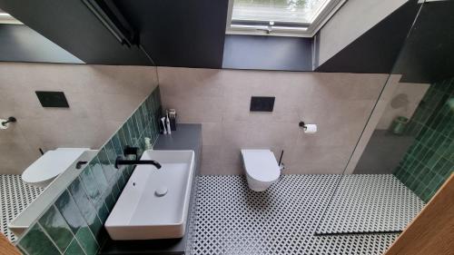 a bathroom with a sink and a toilet at FORESTHOUSE in Łubowo