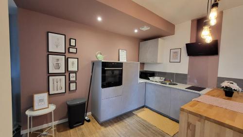 une cuisine avec un comptoir et un plan de travail dans l'établissement Escapade à Lourdes dans beau T2 avec terrasse - Proche Gare et Centre ville, à Lourdes