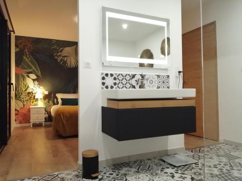 a bathroom with a sink and a mirror at Le Domaine de Pivette in Avranches