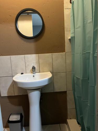 a bathroom with a sink and a mirror at Tshukudu Guesthouse in Soweto