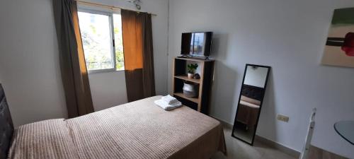 1 dormitorio con cama, espejo y TV en TU REFUGIO - Alquiler Temporario en Santiago del Estero