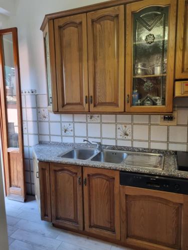 uma cozinha com armários de madeira e um lavatório em Appartamento Via Loreto em Pistoia